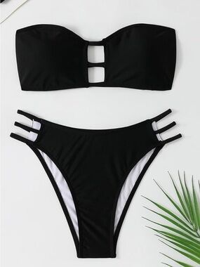 Strappy Black Bandeau Bikini Set - Women Swim